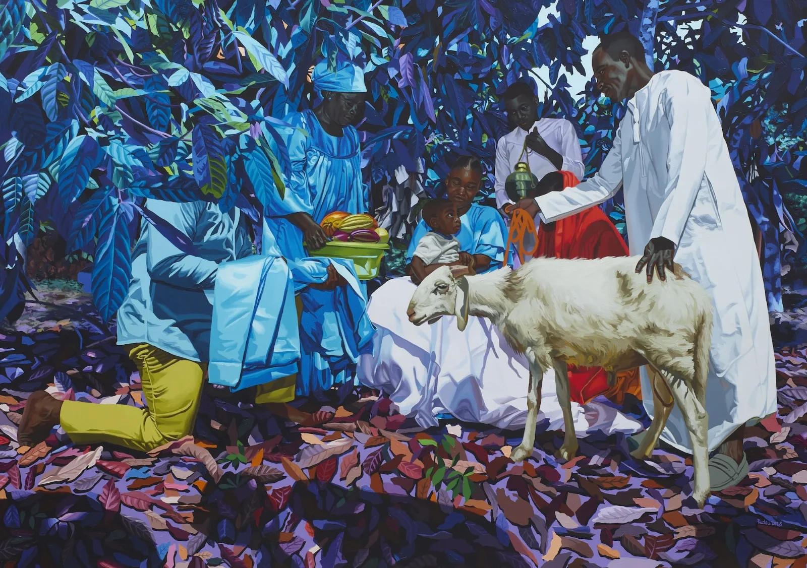 Pintura de Marc Padeu con figuras divinas en una plantación de cacao, colores vibrantes y atmósfera etérea