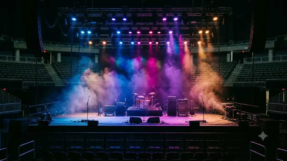 Escenario de concierto vacío con luces de colores y humo