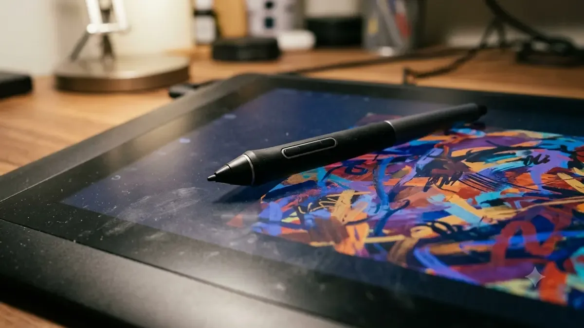 Lápiz óptico apoyado sobre una tableta gráfica con trazos de color